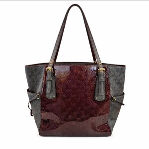 Michael Kors Burgundy Jet Set Patent Leather MK Embossed Travel Tote